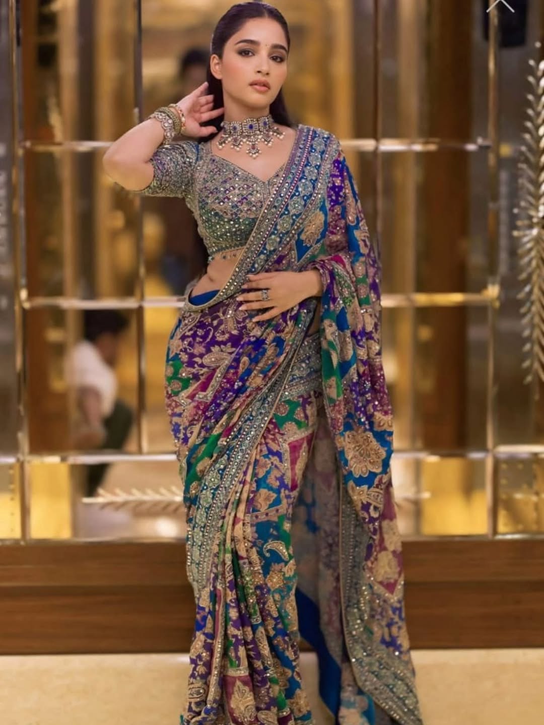 Digital Print Saree with Intricate Aari Work and Original Mirror Work